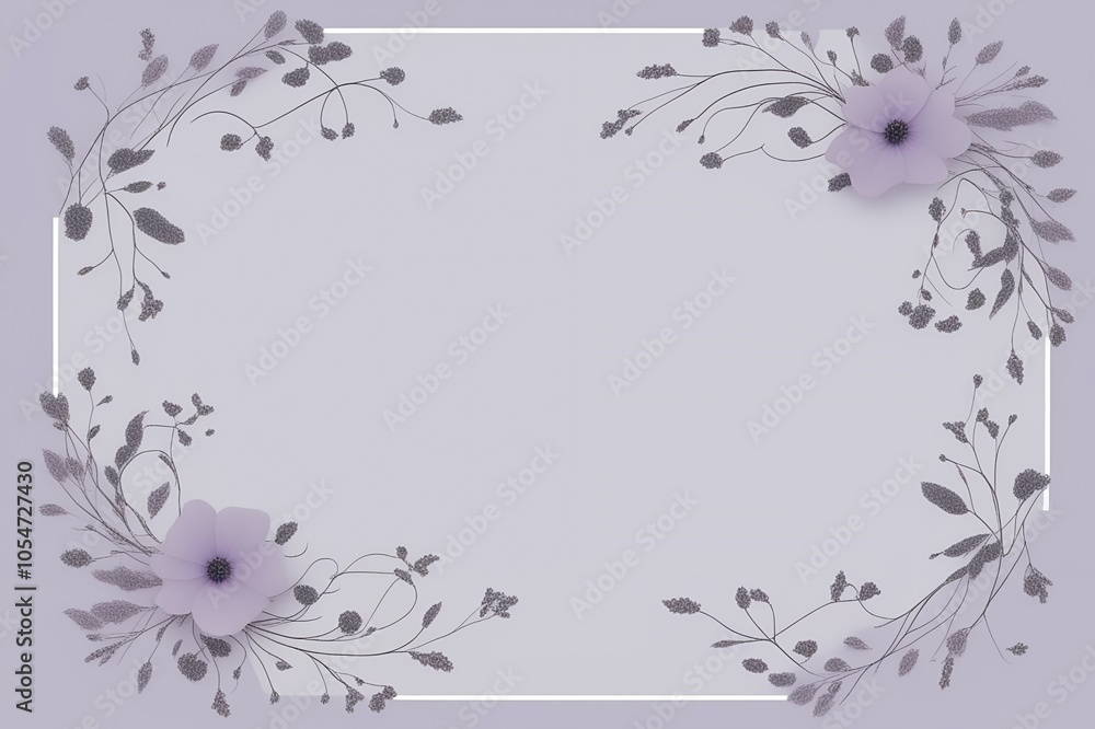 A pale lavender background with thin line art of small flowers and winding vines A pale lavender background with thin line art of small flowers and winding vines