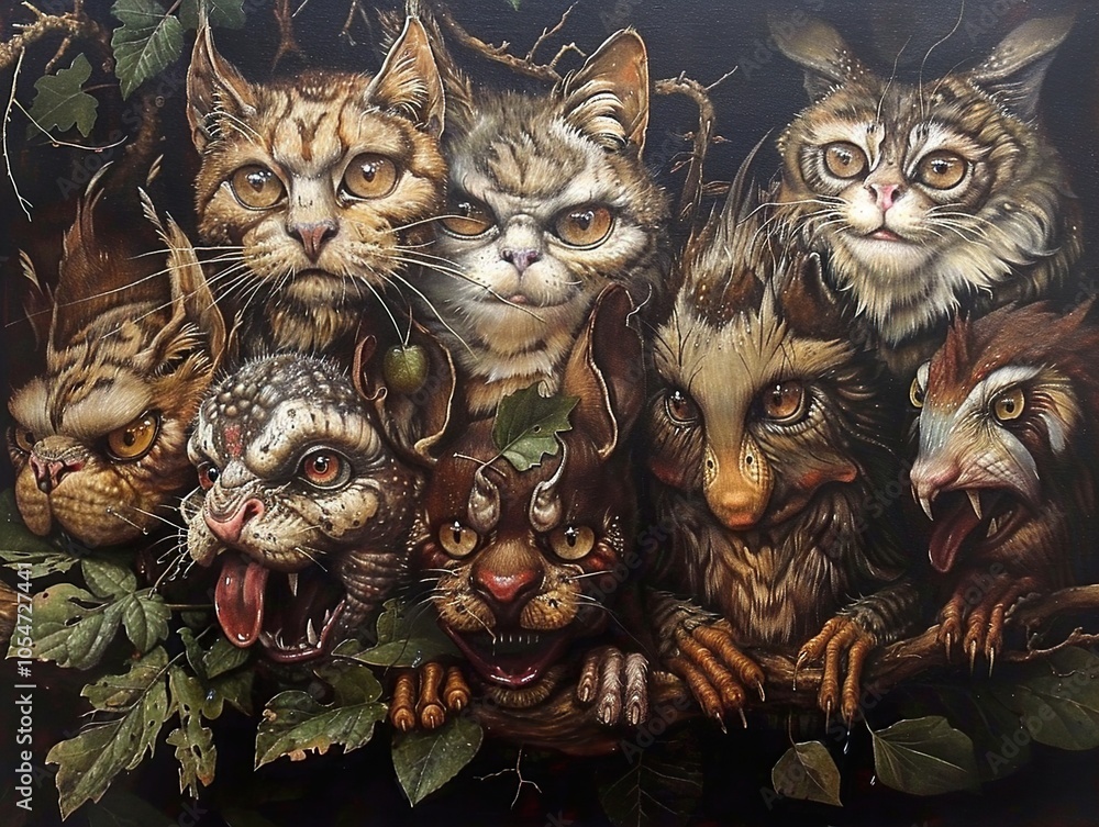 Surreal Fantasy Creatures: A Group Portrait of Whimsical Cats Surreal Fantasy Creatures: A Group Portrait of Whimsical Cats