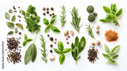 Fototapeta Naklejka Na Ścianę i Meble -  Top view of assorted herbs and spices isolated on a white background, fresh and vibrant,