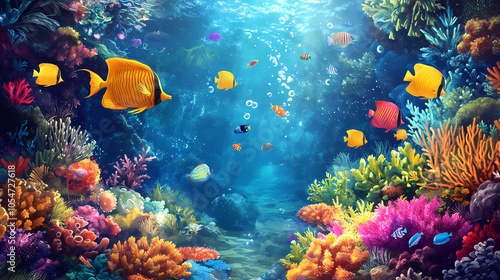 Fototapeta Naklejka Na Ścianę i Meble -  Cartoon scene with fishes in the beautiful underwater kingdom coral reef, showcasing vibrant colors and diverse marine life in a whimsical setting. Underwater Kingdom. Illustration