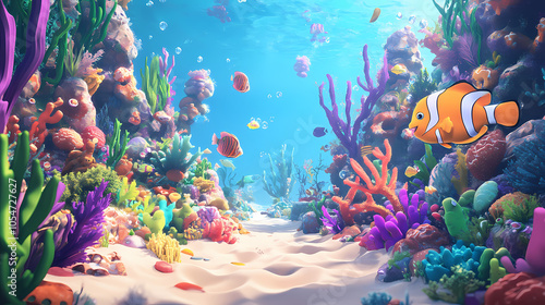 Fototapeta Naklejka Na Ścianę i Meble -  Cartoon scene with fishes in the beautiful underwater kingdom coral reef, showcasing vibrant colors and diverse marine life in a whimsical setting. Underwater Kingdom. Illustration