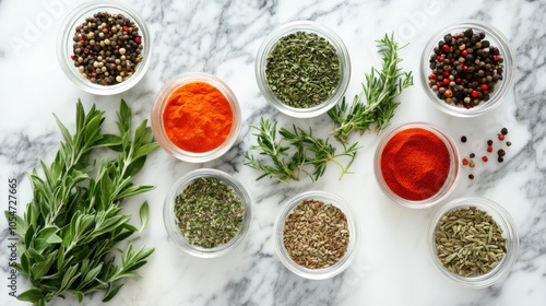 Top-down view of an assortment of herbs and spices on a marble countertop,