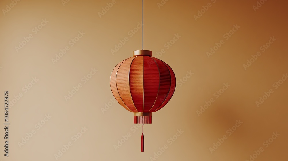 Fototapeta premium Minimalist Chinese New Year design, single red lantern hanging against a blank, warm beige background, elegant and isolated for versatile use
