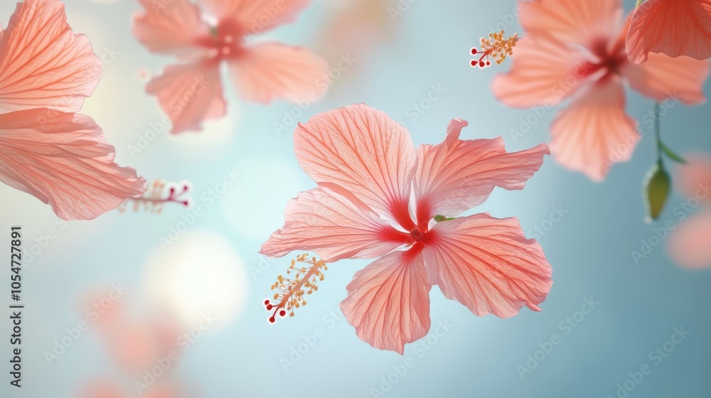 Obraz premium Tropical hibiscus petals levitating softly in the warm spring breeze, isolated against a serene