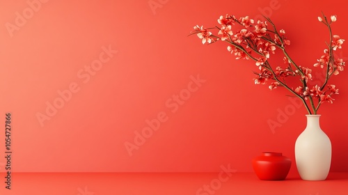 Minimalist Chinese calligraphy of fortune on red paper, neutral light background, ideal for digital or print use photo