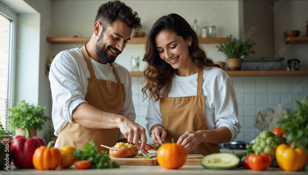 Happy Young Couple Chopping Fresh Vegetables Together in Modern Kitchen Setting Happy Young Couple Chopping Fresh Vegetables Together in Modern Kitchen Setting