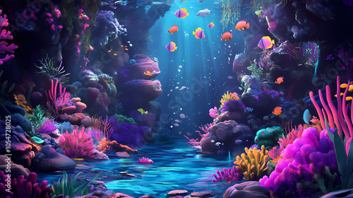 Fototapeta Naklejka Na Ścianę i Meble -  Cartoon scene with fishes in the beautiful underwater kingdom coral reef, showcasing vibrant colors and diverse marine life in a whimsical setting. Underwater Kingdom. Illustration