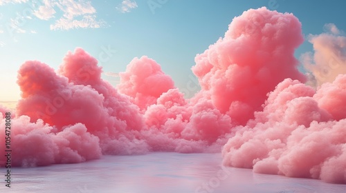 Pink Fluffy Clouds Above a Still, Reflecting Water