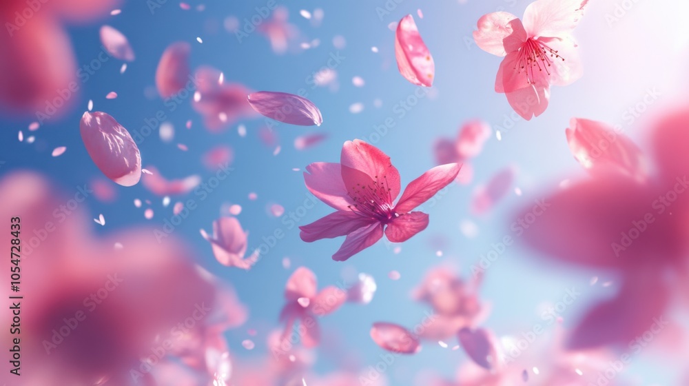 Vibrant cherry blossom petals gracefully floating in the air against a clear spring sky Vibrant cherry blossom petals gracefully floating in the air against a clear spring sky