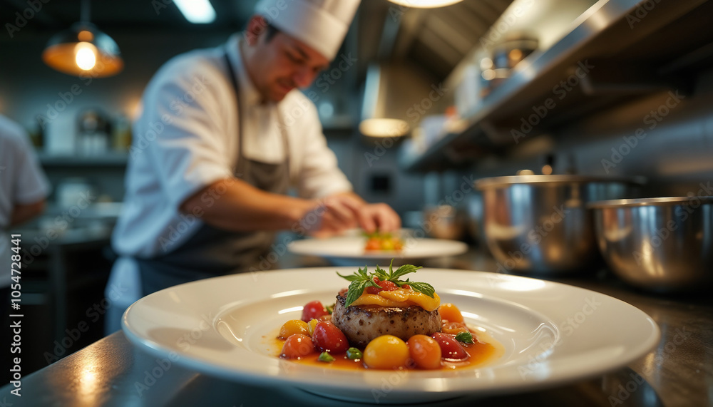 Professional Chef Plating Gourmet Dish with Precision in Modern Restaurant Kitchen Professional Chef Plating Gourmet Dish with Precision in Modern Restaurant Kitchen