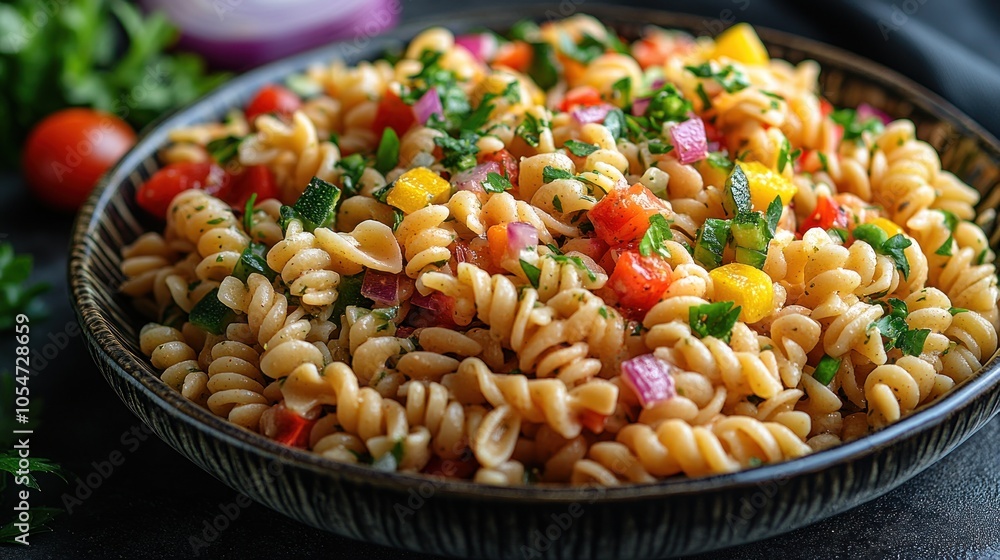 A vibrant pasta salad with fresh vegetables and herbs. A vibrant pasta salad with fresh vegetables and herbs.