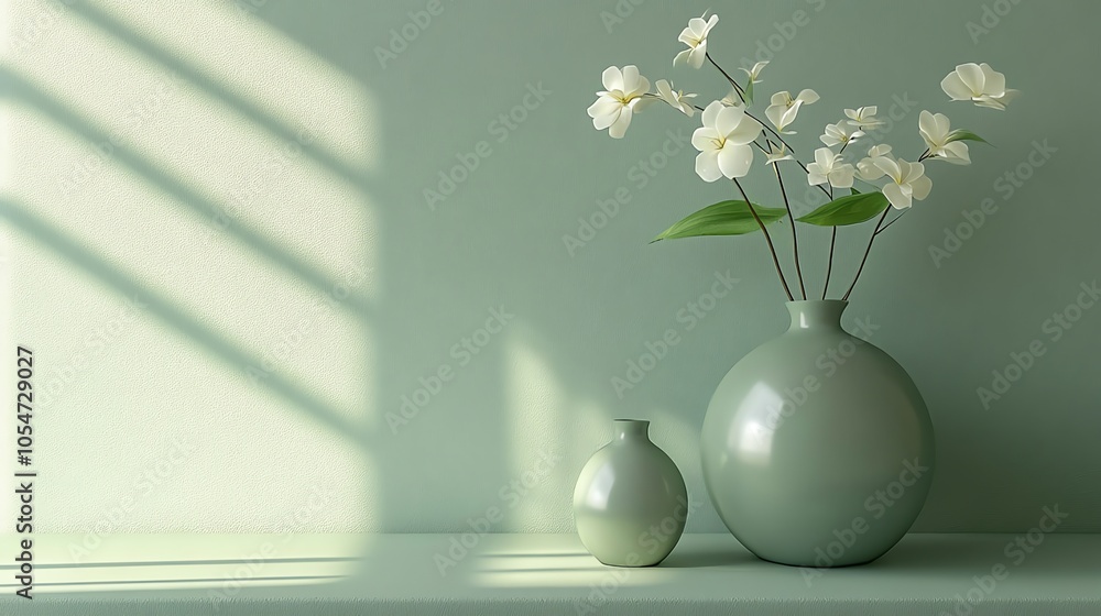 A vase with white flowers in a minimalist green interior with sunlight streaming through the window. A vase with white flowers in a minimalist green interior with sunlight streaming through the window.