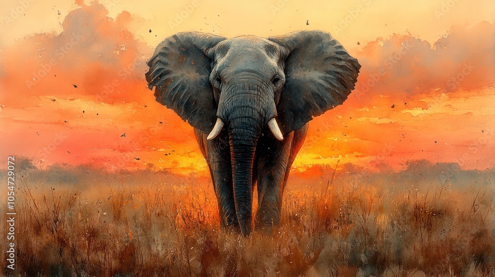 Obraz premium Watercolor painting of an elephant in the savanna, with warm sunset tones blending into the horizon.