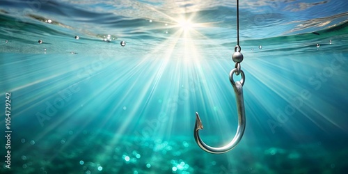 A glistening fishing hook hangs suspended in a beam of sunlight, penetrating the surface of the turquoise ocean, creating a mesmerizing underwater scene.
