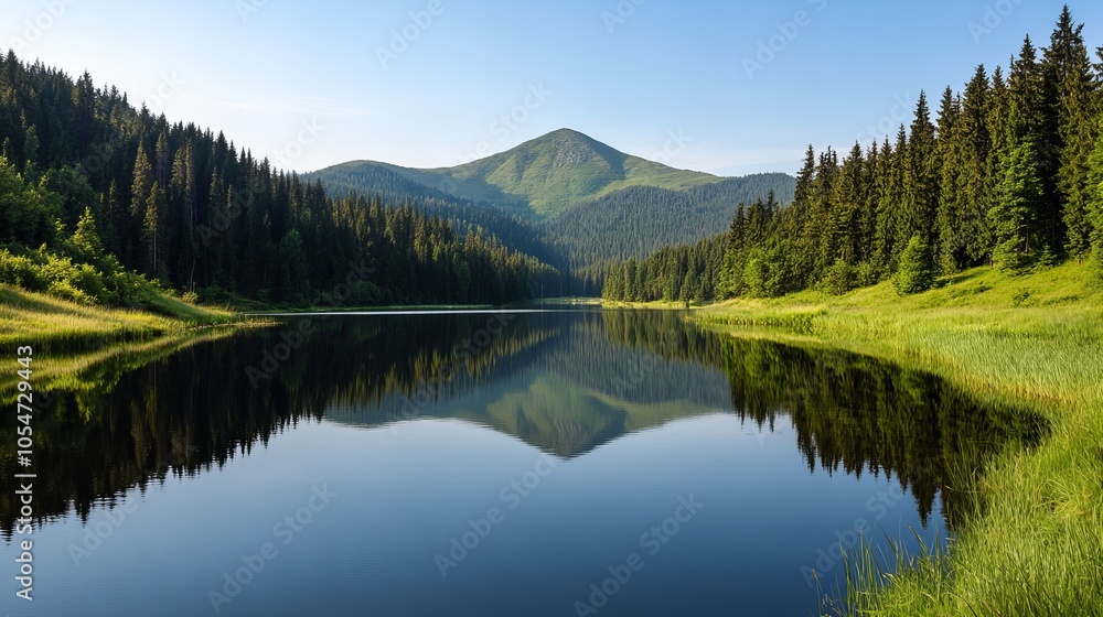 Serene mountain lake with a reflection of the surrounding forest and a peak. Serene mountain lake with a reflection of the surrounding forest and a peak.
