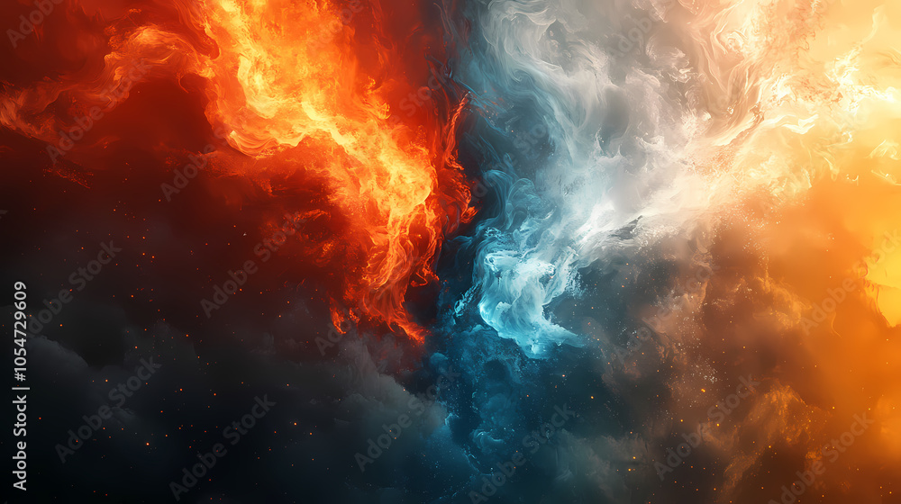 An abstract image of fire and ice clashing. the image symbolizes the duality of nature, the battle between good and evil, and the opposing forces of heat and cold. Fire and Ice Battle. Illustration An abstract image of fire and ice clashing. the image symbolizes the duality of nature, the battle between good and evil, and the opposing forces of heat and cold. Fire and Ice Battle. Illustration