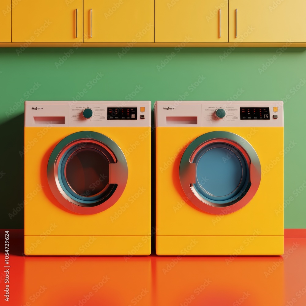 Two bright yellow washing machines against a colorful backdrop. Two bright yellow washing machines against a colorful backdrop.