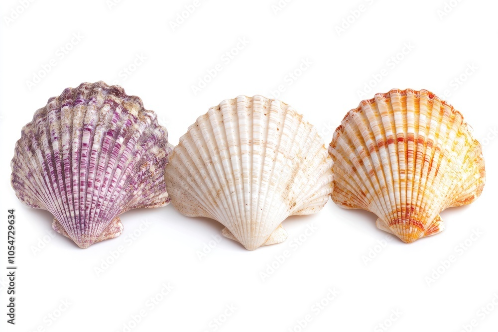 Three scallop shells with different colored stripes on a white background Three scallop shells with different colored stripes on a white background