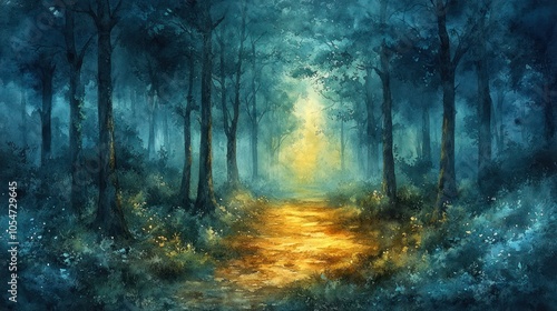 Watercolor painting of an enchanted forest with mystical lighting and delicate trees in shades of green and blue.