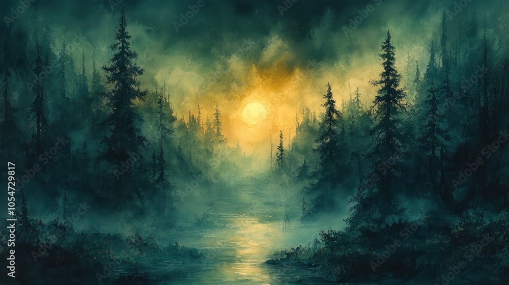 Fototapeta premium Watercolor painting of an enchanted forest with mystical lighting and delicate trees in shades of green and blue.