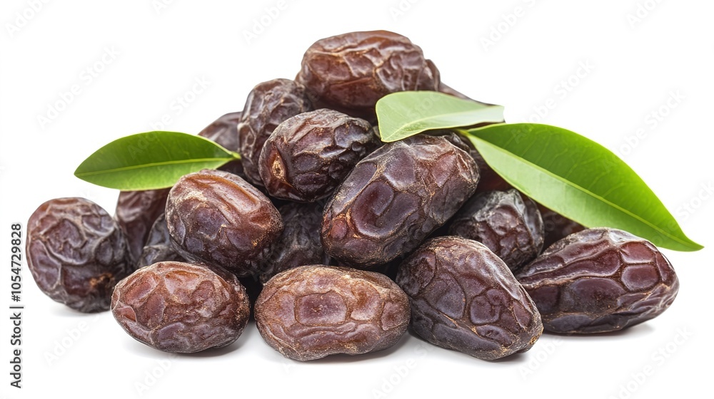 Pile of dried date fruits, medjoul or majhool, royal dates with green leaves on white background Pile of dried date fruits, medjoul or majhool, royal dates with green leaves on white background