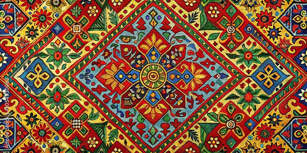 A kaleidoscope of vibrant colors and intricate patterns adorns this textile, a symphony of stitched details and meticulous craftsmanship. A kaleidoscope of vibrant colors and intricate patterns adorns this textile, a symphony of stitched details and meticulous craftsmanship.