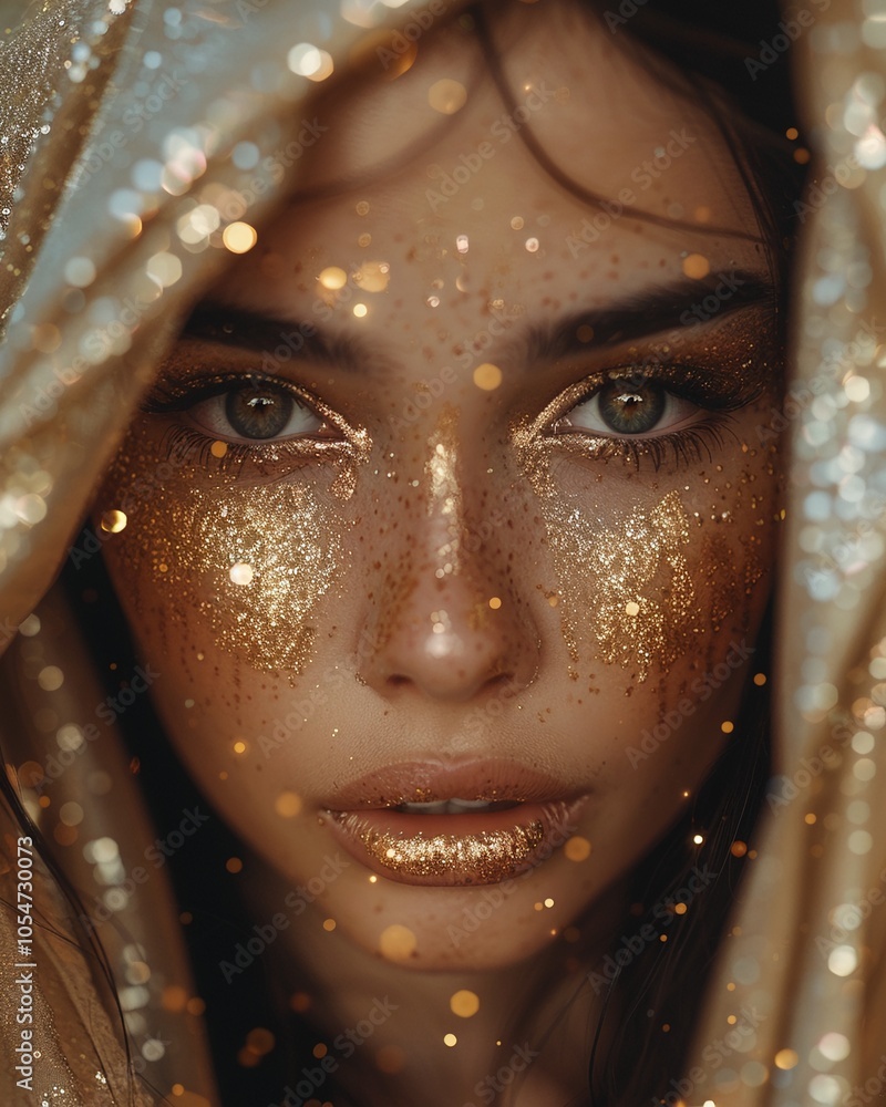 A woman whose face is decorated with gold paint and glitter. A woman whose face is decorated with gold paint and glitter.