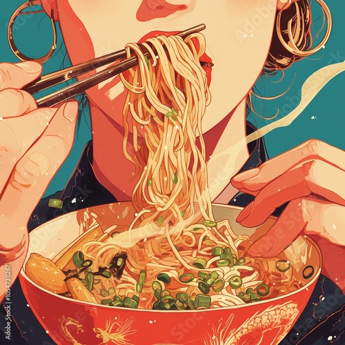 Girl holding ramen noodles with chopsticks. There is a bowl of soup in front of her. Oriental style illustration.
