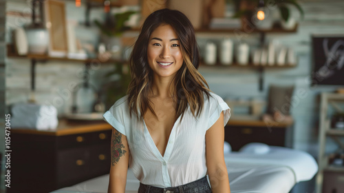 A photo of an Asian woman in her late twenties, wearing black jeans and a white blouse with shoulder-length hair, standing next to a massage table smiling at the camera