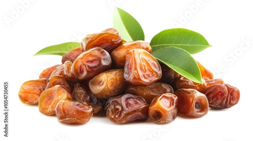 Pile of dried date fruits, medjoul or majhool, royal dates with green leaves on white background  photo