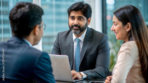 An Indian banker discussing financial options with clients in a modern office setting. 