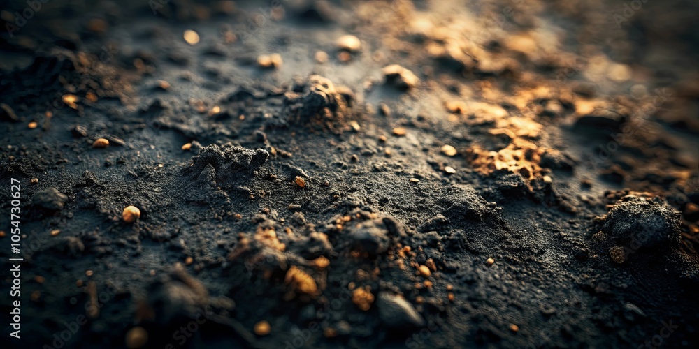 A close-up view of the textured surface of a dark earth, scattered with small golden particles, bathed in soft sunlight. A close-up view of the textured surface of a dark earth, scattered with small golden particles, bathed in soft sunlight.