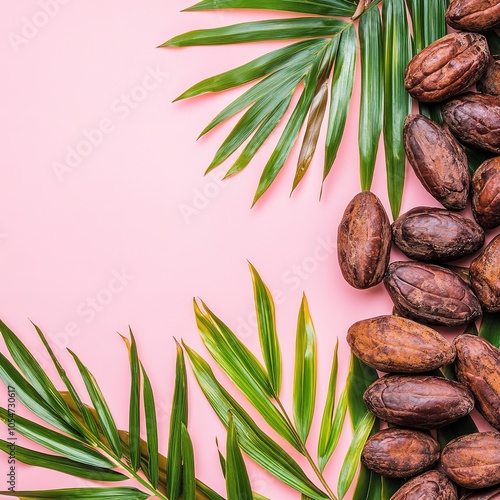 Organic cocoa beans, milk chocolate on wooden ground. Fresh palm leaves on pink background