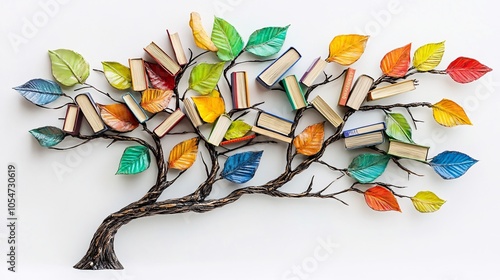 A creative tree sculpture made of colorful leaves and stacked books, symbolizing knowledge flourishing in nature.