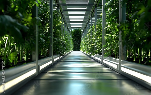 A modern indoor greenhouse pathway lined with lush green plants, showcasing a bright, sustainable environment for cultivation.