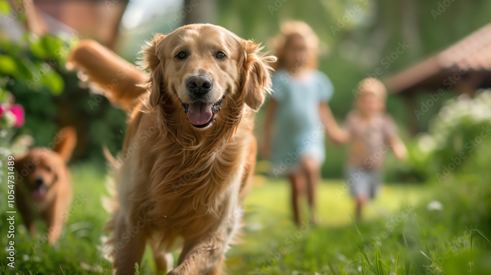 happy family with dog playing in the garden happy family with dog playing in the garden
