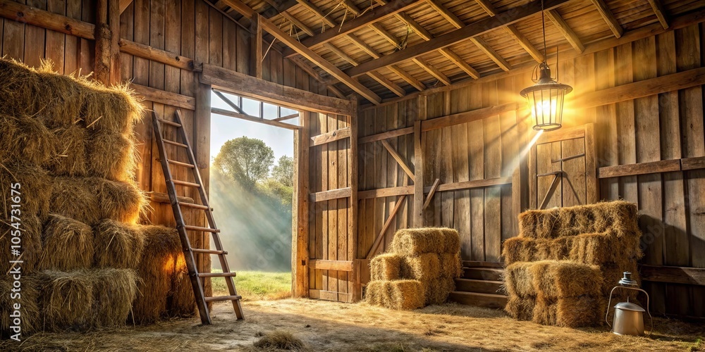 custom made wallpaper toronto digitalA rustic barn interior with a wooden ladder, hay bales, a hanging lantern, and a glimpse of a sunlit meadow through an open doorway.