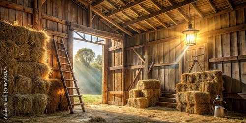 Wallpaper Mural A rustic barn interior with a wooden ladder, hay bales, a hanging lantern, and a glimpse of a sunlit meadow through an open doorway. Torontodigital.ca