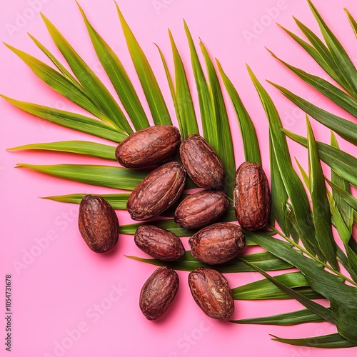 Organic cocoa beans, milk chocolate on wooden ground. Fresh palm leaves on pink background