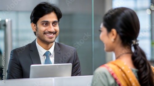 An Indian bank teller assisting a customer at the counter with a friendly smile. 