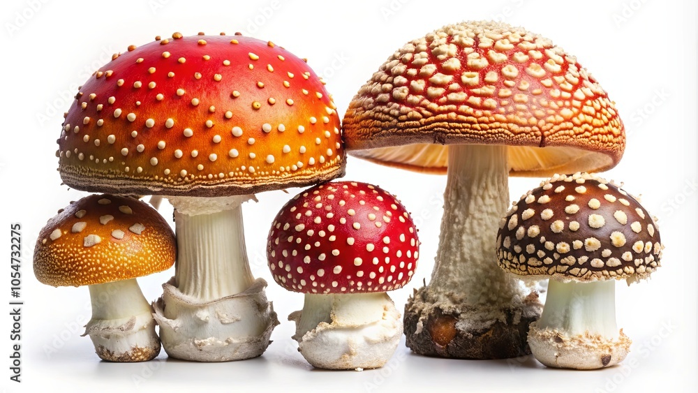 A cluster of vibrant fungi with red, orange, and brown caps, their spots resembling a celestial sky, showcasing the beauty of nature's diversity. A cluster of vibrant fungi with red, orange, and brown caps, their spots resembling a celestial sky, showcasing the beauty of nature's diversity.