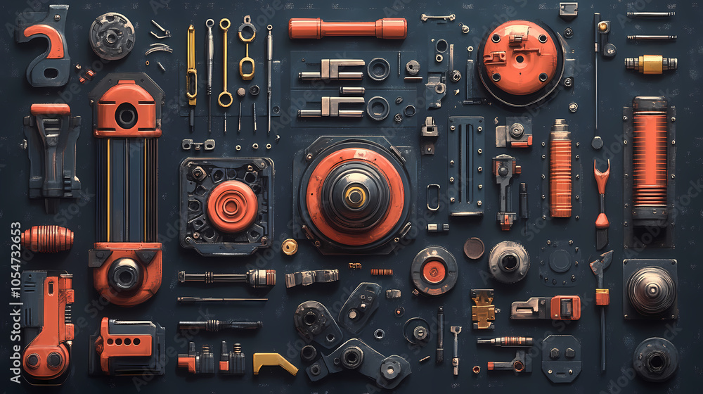 Fototapeta premium Assorted mechanical parts and tools arranged in a flat lay composition. Mech Suits. Illustration