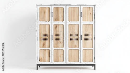 Industrial locker cabinet with perforated doors, featuring stylish design that combines wood and metal elements. This versatile piece is perfect for modern interiors