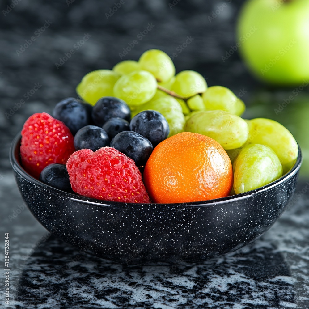 A bowl filled with various fresh fruits on a dark surface. A bowl filled with various fresh fruits on a dark surface.