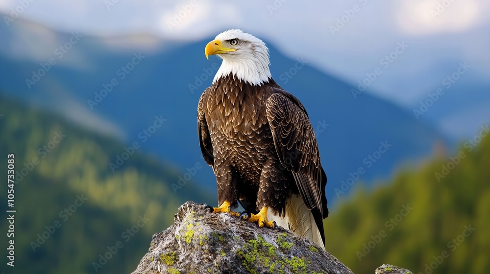 Obraz premium A majestic bald eagle perches on a rock, its keen eyes scanning the landscape.