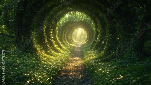 Lush, sunlit tunnel of greenery inviting exploration.