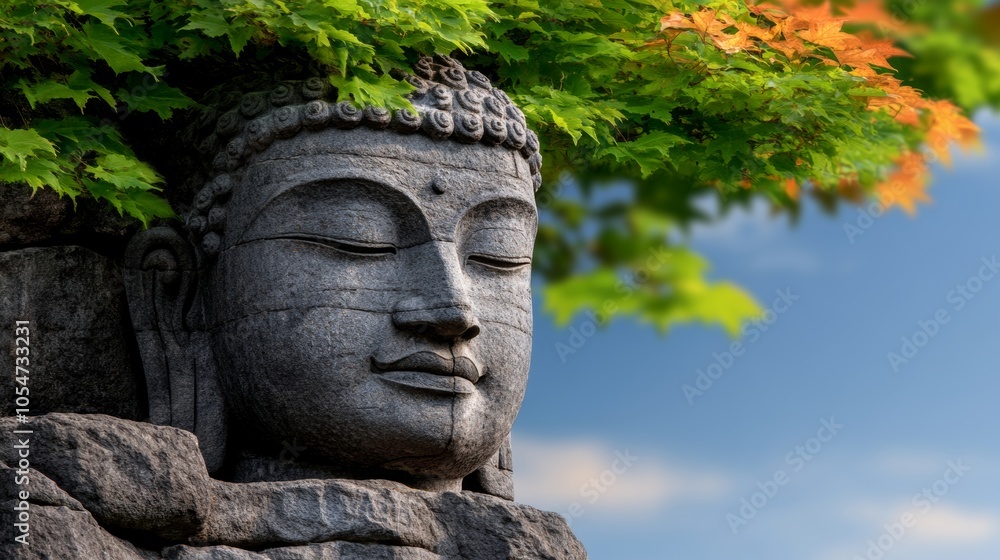 Obraz premium Serene Buddha Statue Closeup with Lush Green Foliage and Blue Sky
