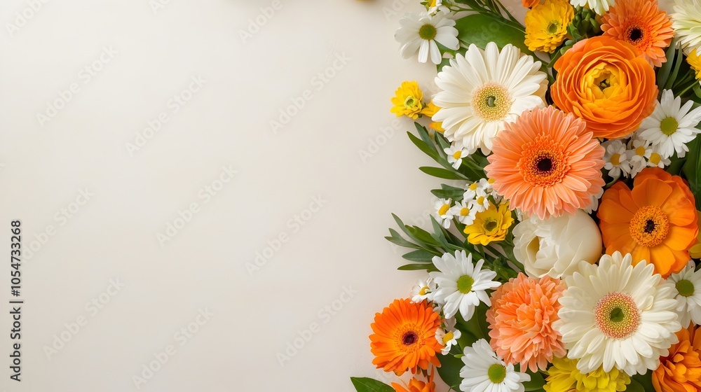Bright and cozy living space with a round ottoman fresh flowers and a blank poster frame creating a warm and inviting atmosphere for relaxation and comfort Bright and cozy living space with a round ottoman fresh flowers and a blank poster frame creating a warm and inviting atmosphere for relaxation and comfort