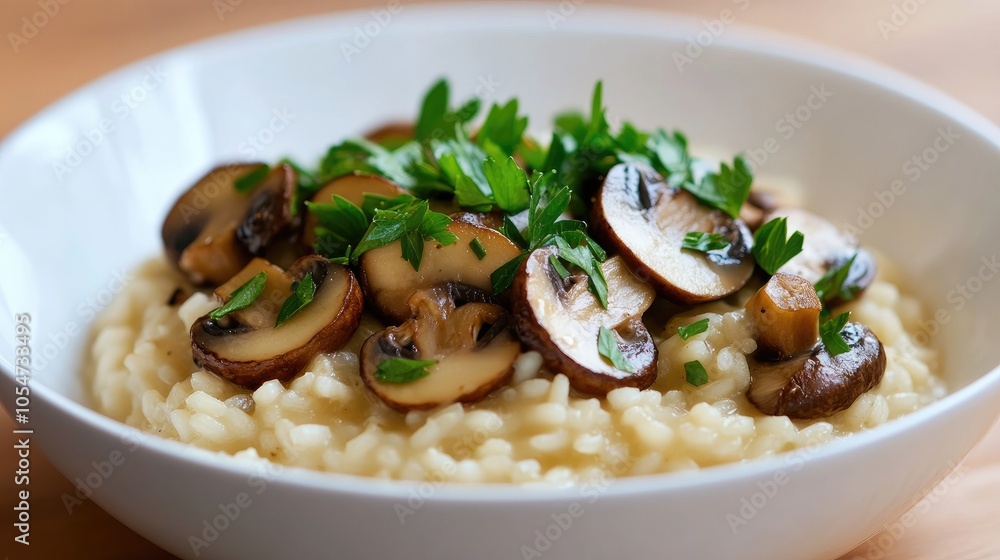 Creamy Mushroom Risotto with Fresh Parsley Garnish Creamy Mushroom Risotto with Fresh Parsley Garnish