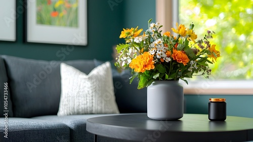 Wallpaper Mural Inviting living room with a round ottoman vibrant floral arrangements and a blank frame for personalized artwork creating a cozy and sophisticated ambiance Torontodigital.ca